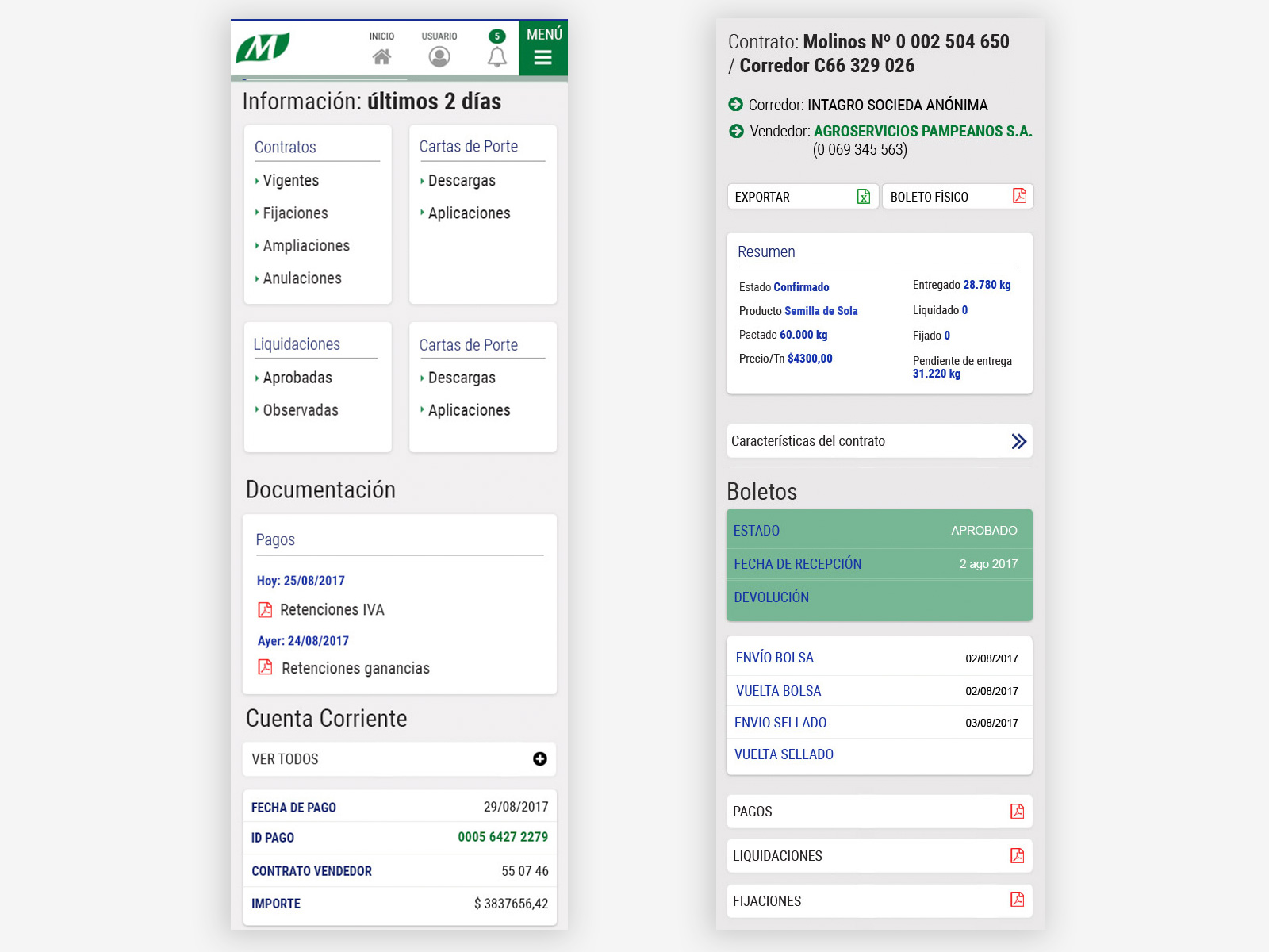 Molinos Agro — homepage and contract detail on mobile side by side