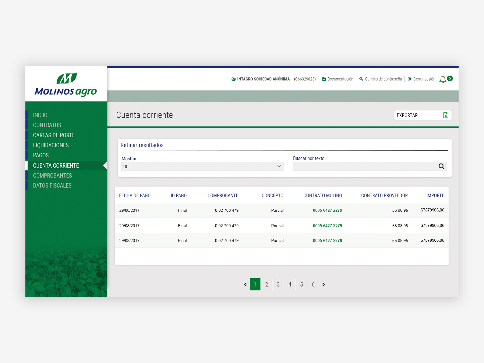 Molinos Agro current account — financial ledger with balance, debit, credit and running balance per row
