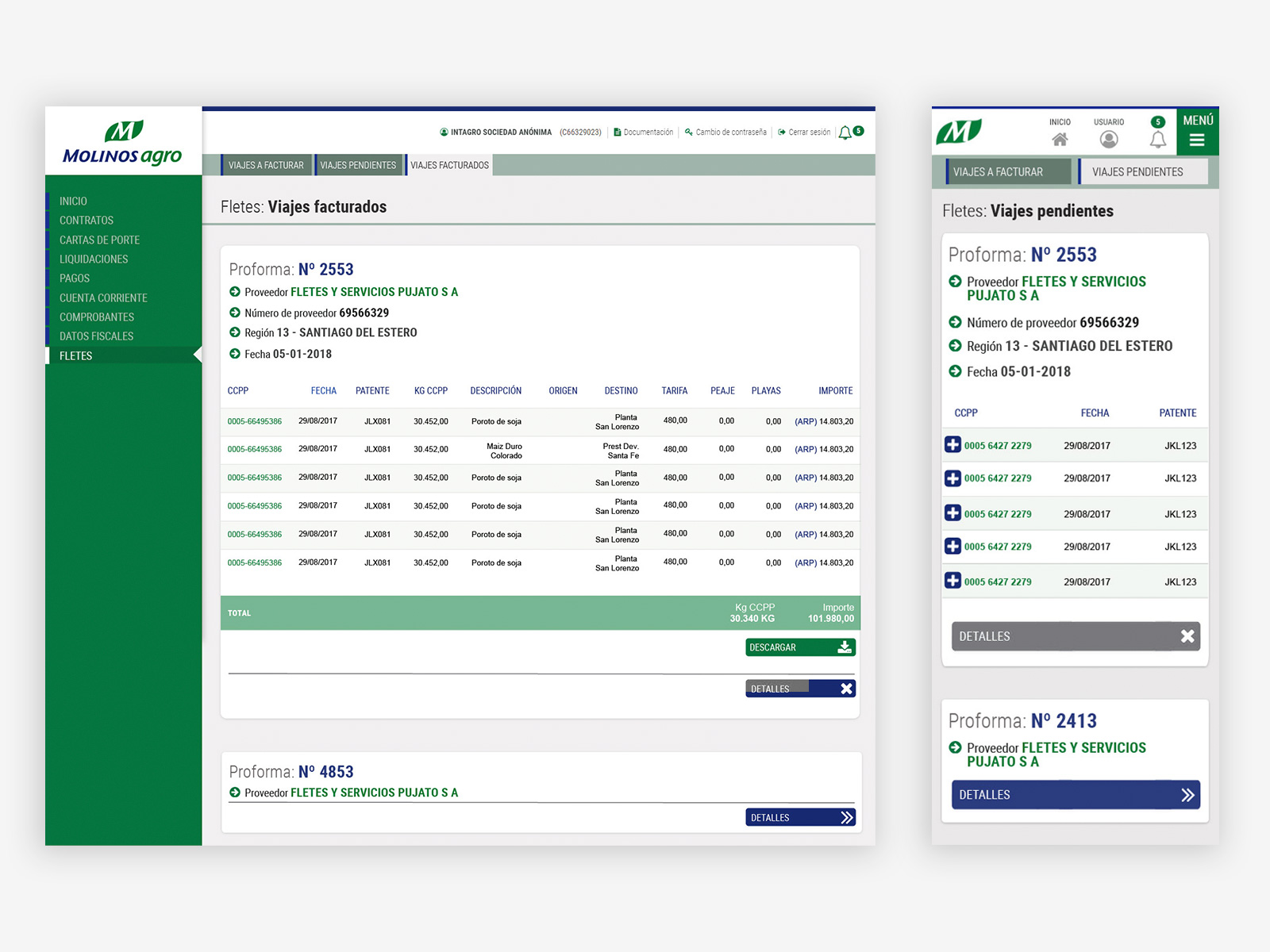 Molinos Agro freight — desktop and mobile side by side showing progressive disclosure pattern
