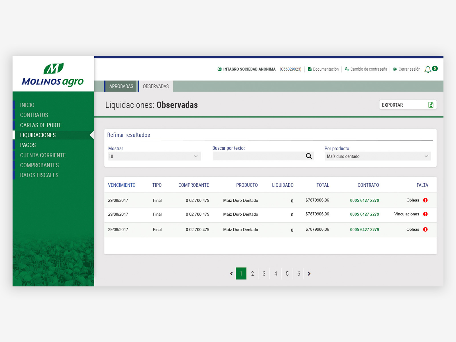 Molinos Agro settlements — flagged tab with inline error indicators and multi-column filters
