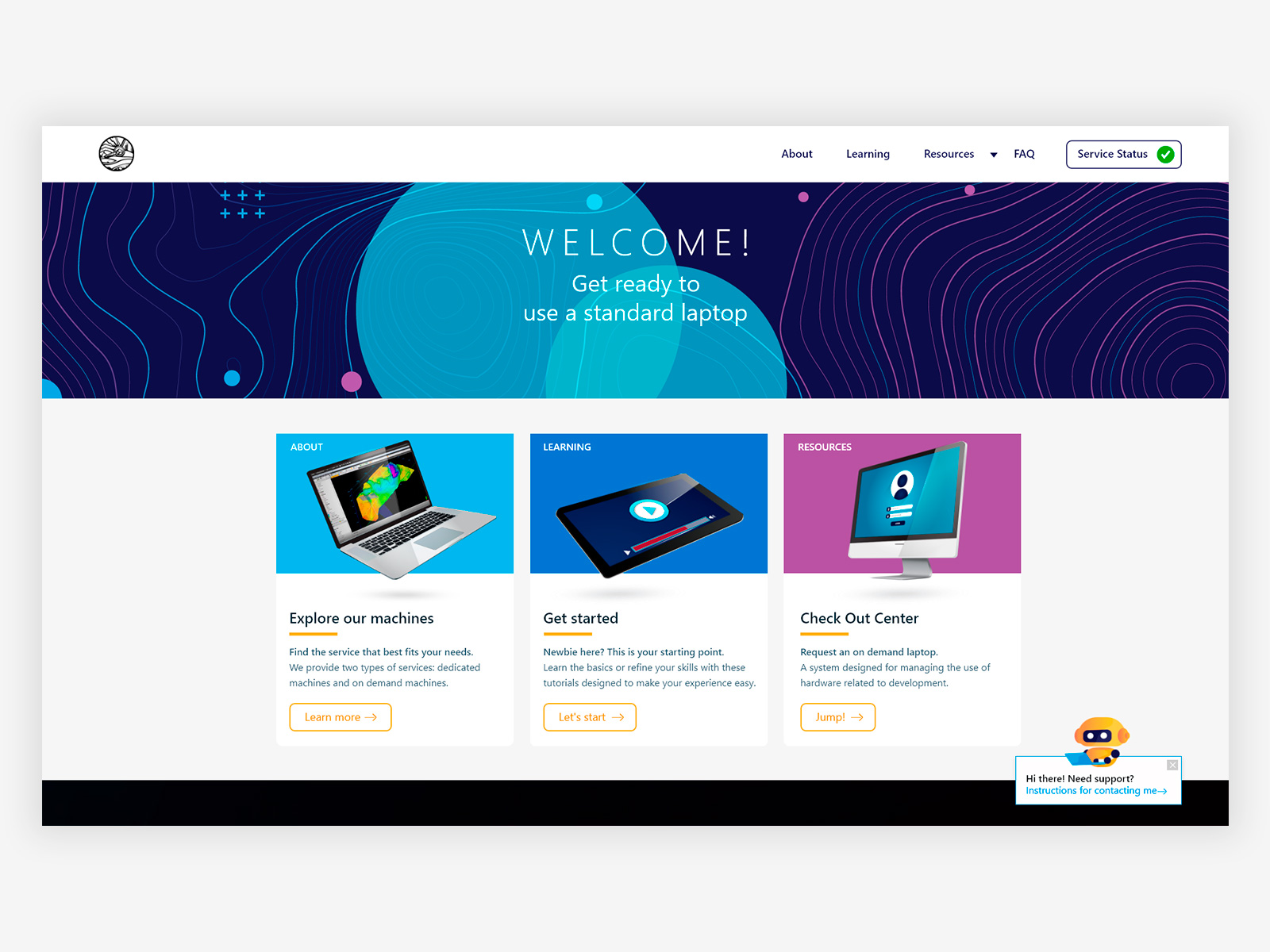 Portal de Computación Remota, homepage con tres cards de navegación y estado del servicio persistente