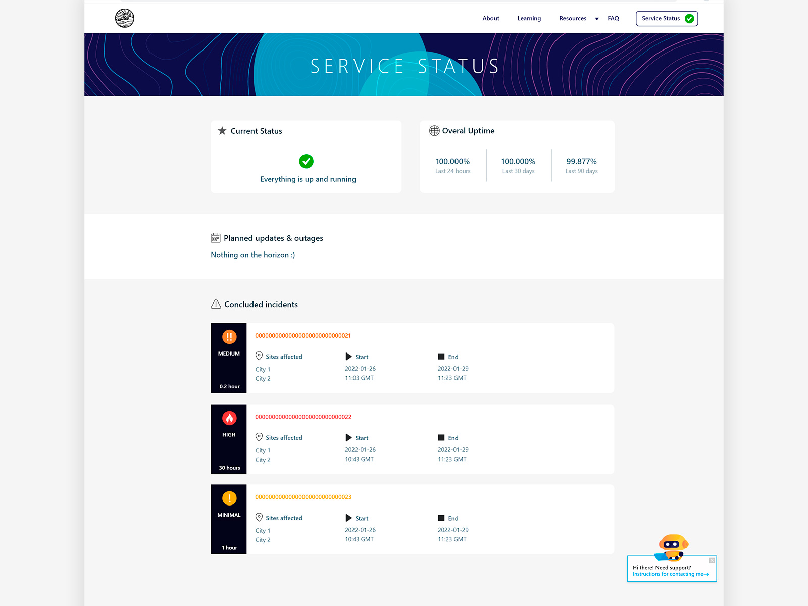 Portal de Computación Remota, dashboard de estado del servicio con métricas de uptime, outages planificadas y niveles de severidad de incidentes