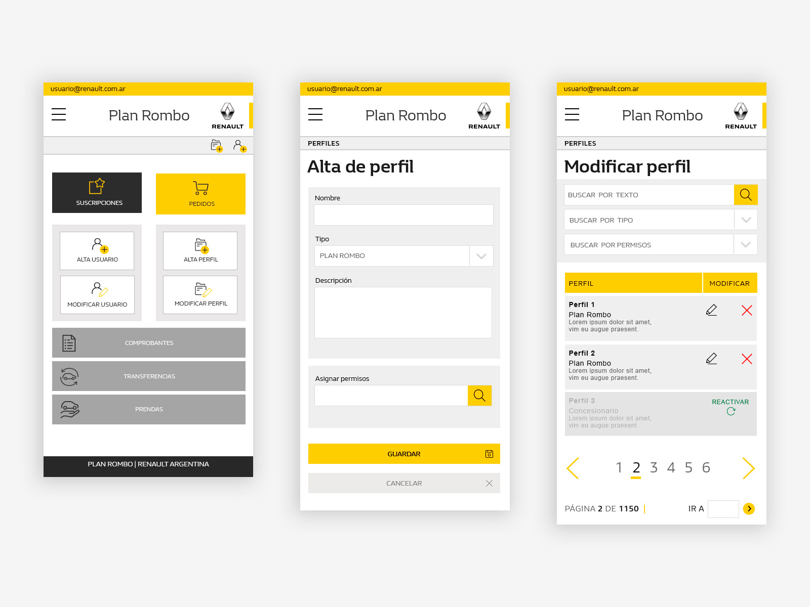 Plan Rombo mobile — dashboard, new profile form, and profile list side by side