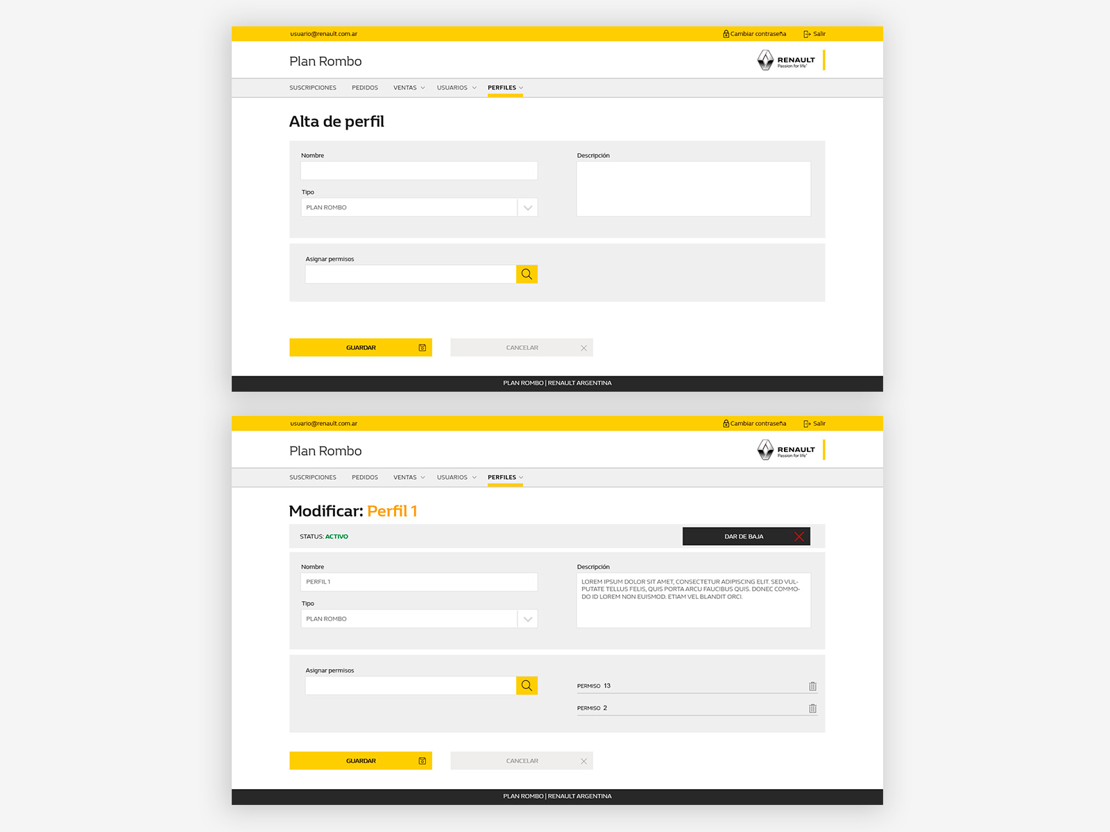 Plan Rombo desktop — new profile form and edit profile side by side