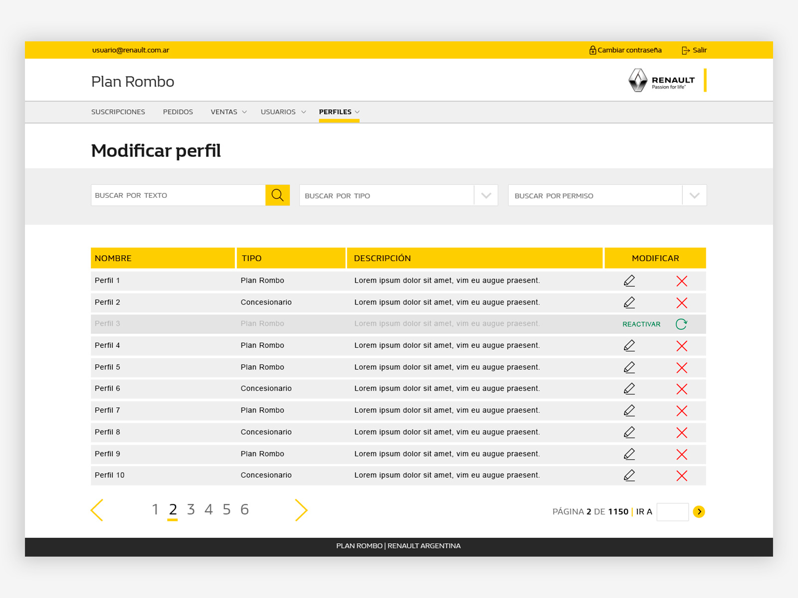 Plan Rombo desktop — profile list with filters and permission typeahead assignment