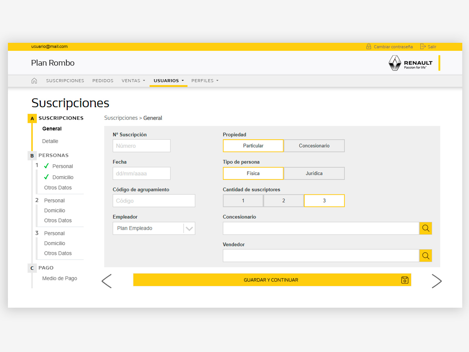 Plan Rombo — subscription step form in action with sidebar tracking completed steps and adaptive content