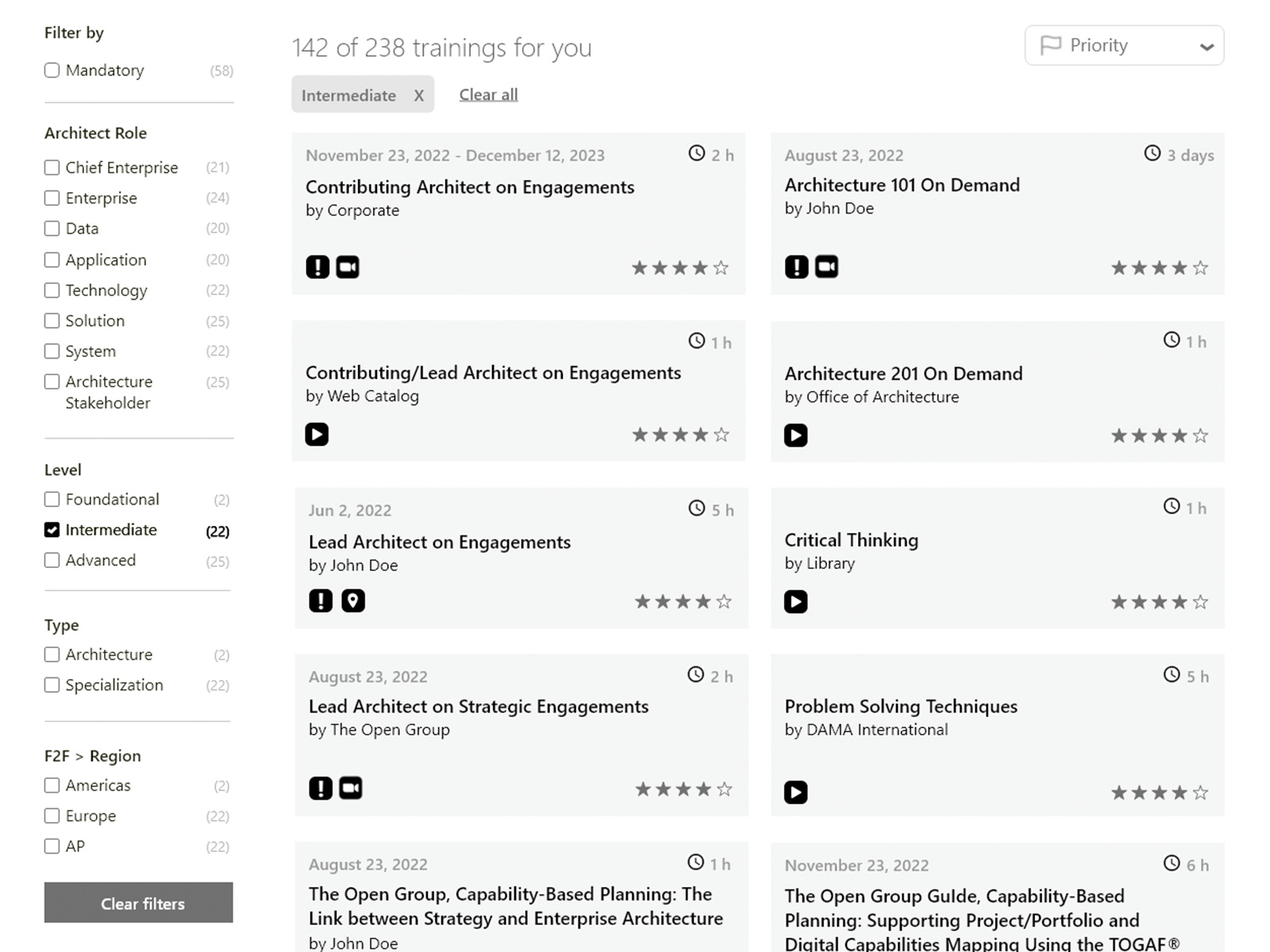 Architecture Learning Portal — catalog with active filters by role, level and type showing filtered results and active filter tags