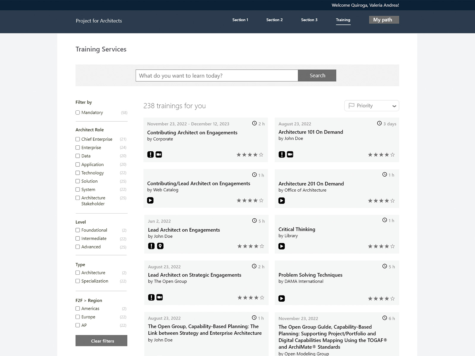 Architecture Learning Portal — training catalog with all courses visible and no filters applied