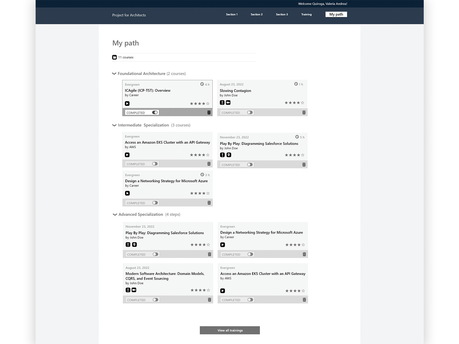 Architecture Learning Portal — My Path view with courses organized by level and manual completion toggles