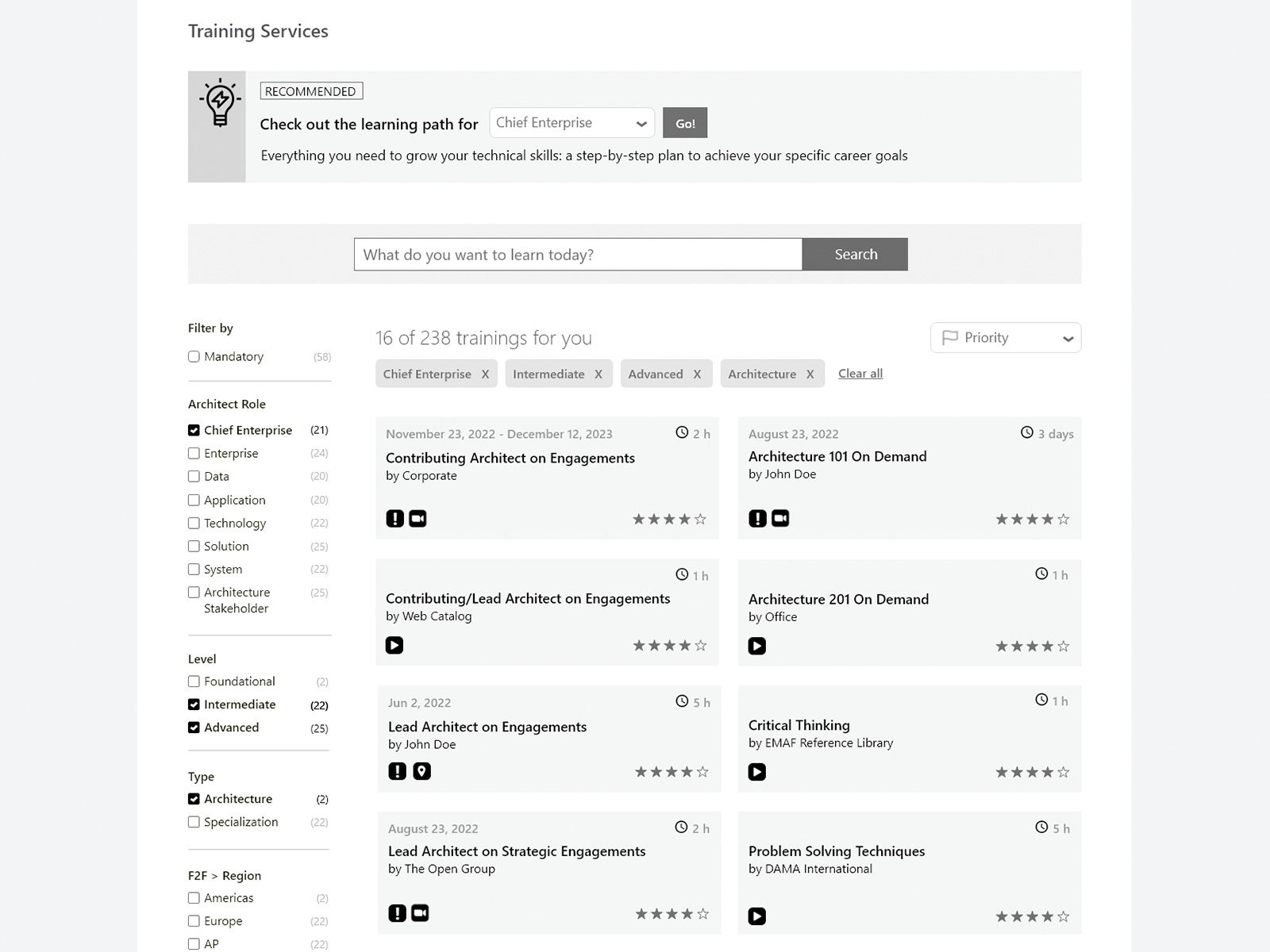 Architecture Learning Portal — catalog with recommendation banner prompting user to check their role-specific learning path