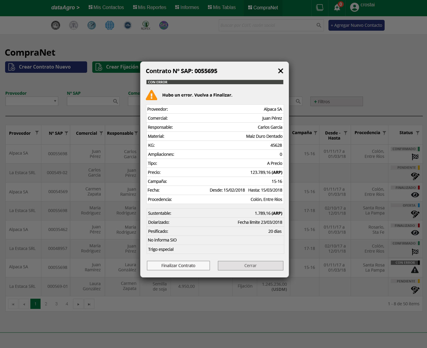 Contract modal in Error state — warning banner with Finalize retry action