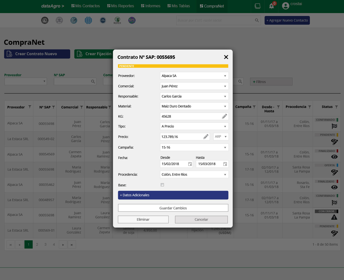 Contract modal in Pending state — editable form with yellow status bar