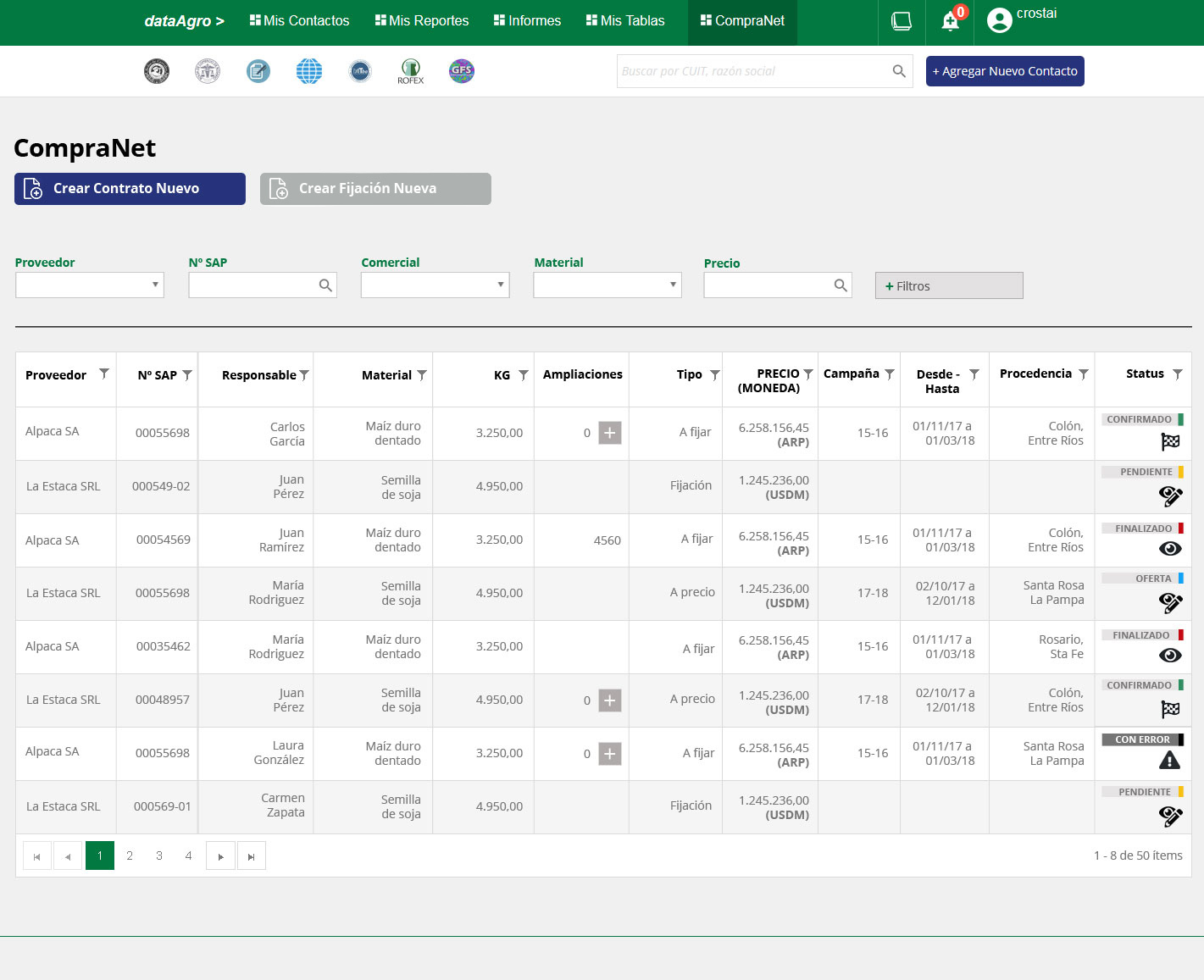 dataAgro — CompraNet contract list with multi-column filters and color-coded status badges