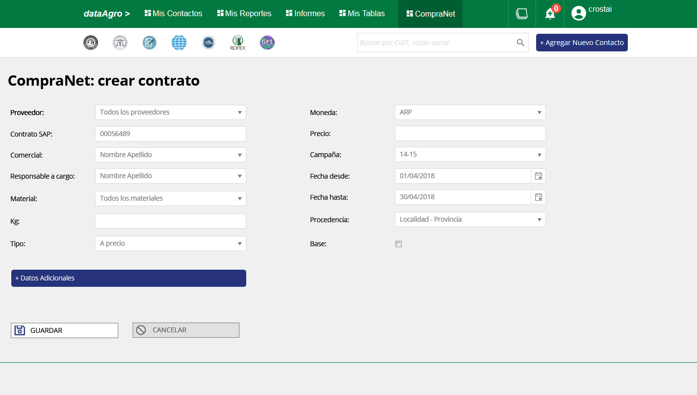 Contract creation — full-page form with progressive disclosure accordion