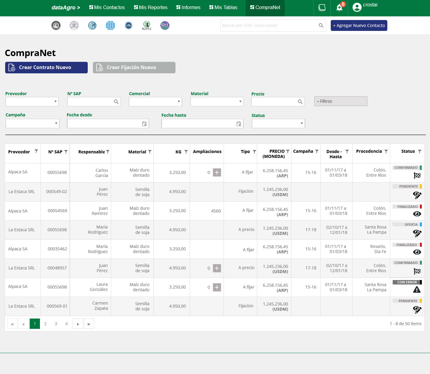 dataAgro — expanded filter panel with campaign, date range, and status filters