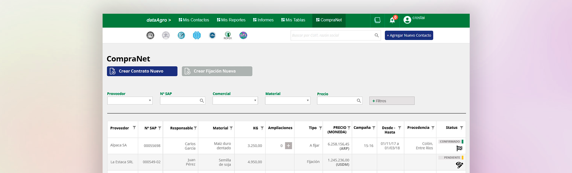 dataAgro — commercial dashboard showing contact overview and grain purchase totals