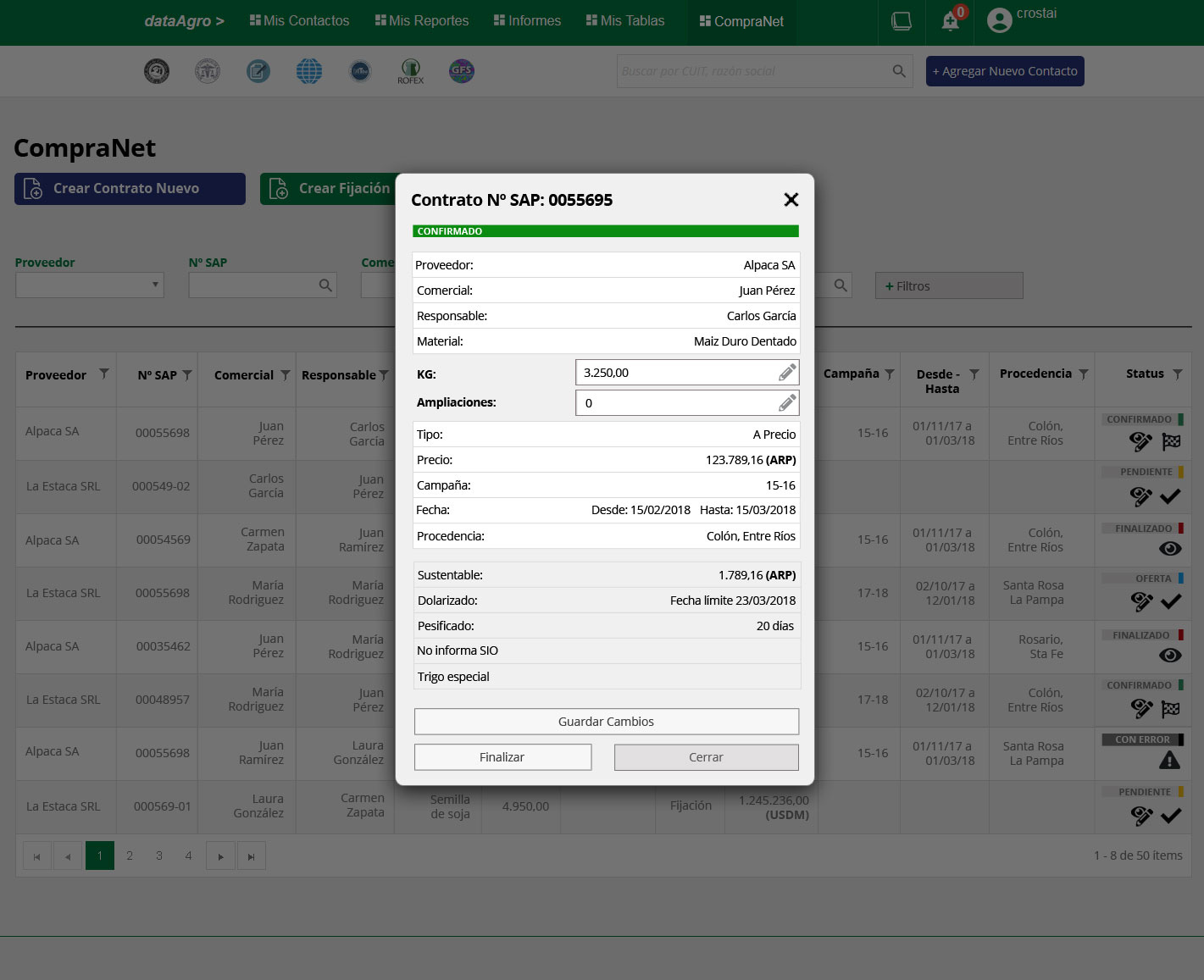 Manager role — confirmed contract modal with editable KG and extensions fields