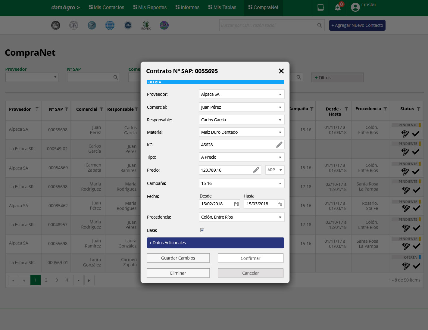 Table role — contract modal in Offer state with edit and confirm actions
