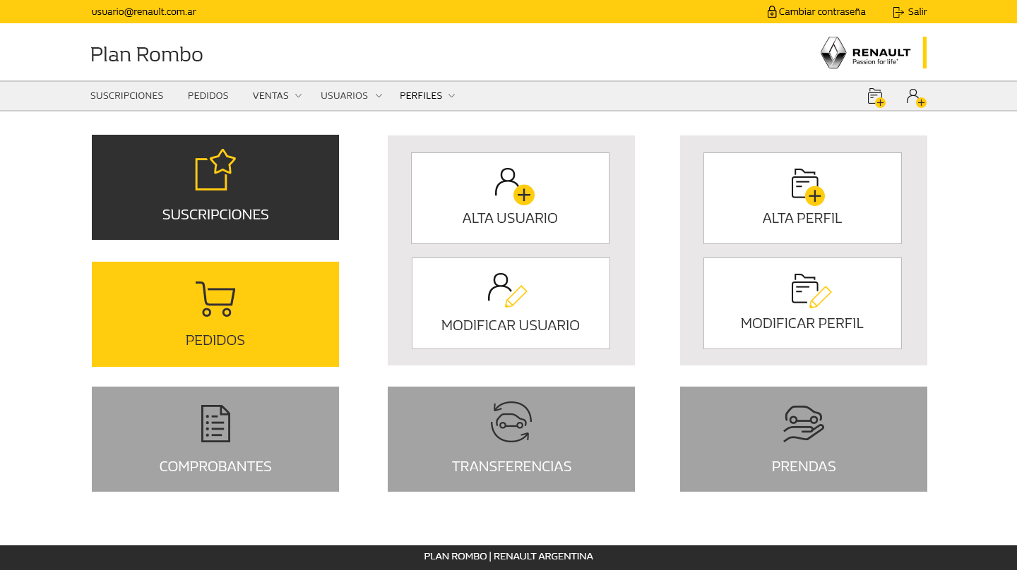 Plan Rombo desktop — dashboard with large action tiles for quick access to the most frequent tasks