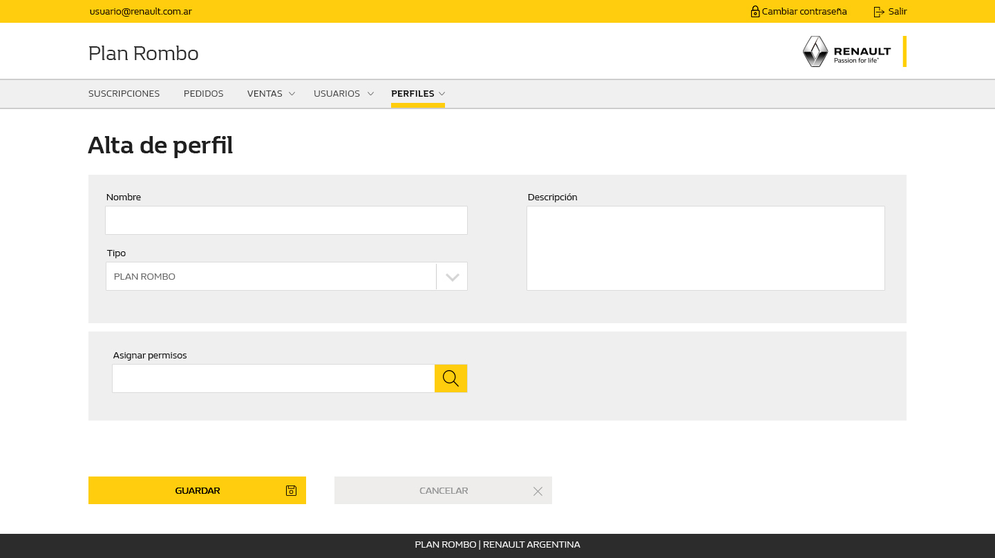 Plan Rombo desktop — new profile form with name, type, description and permission search