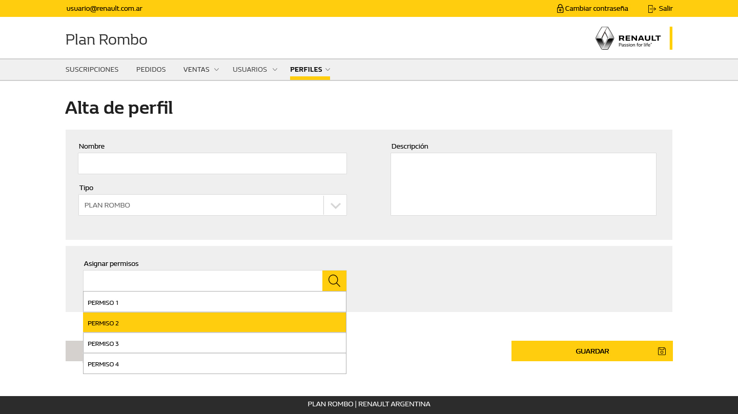 Plan Rombo desktop — permission assignment with typeahead dropdown open