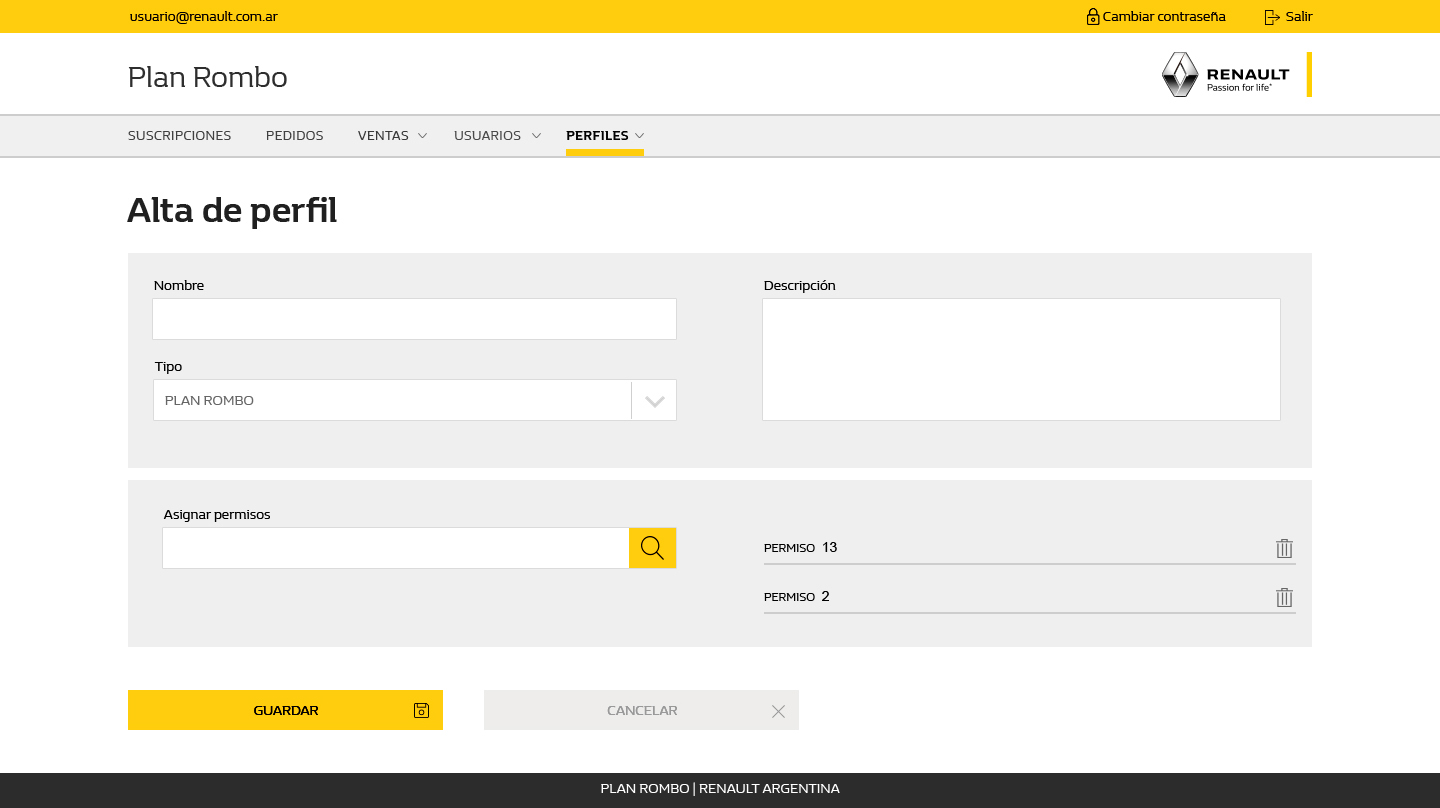 Plan Rombo desktop — profile form with assigned permissions listed below search field