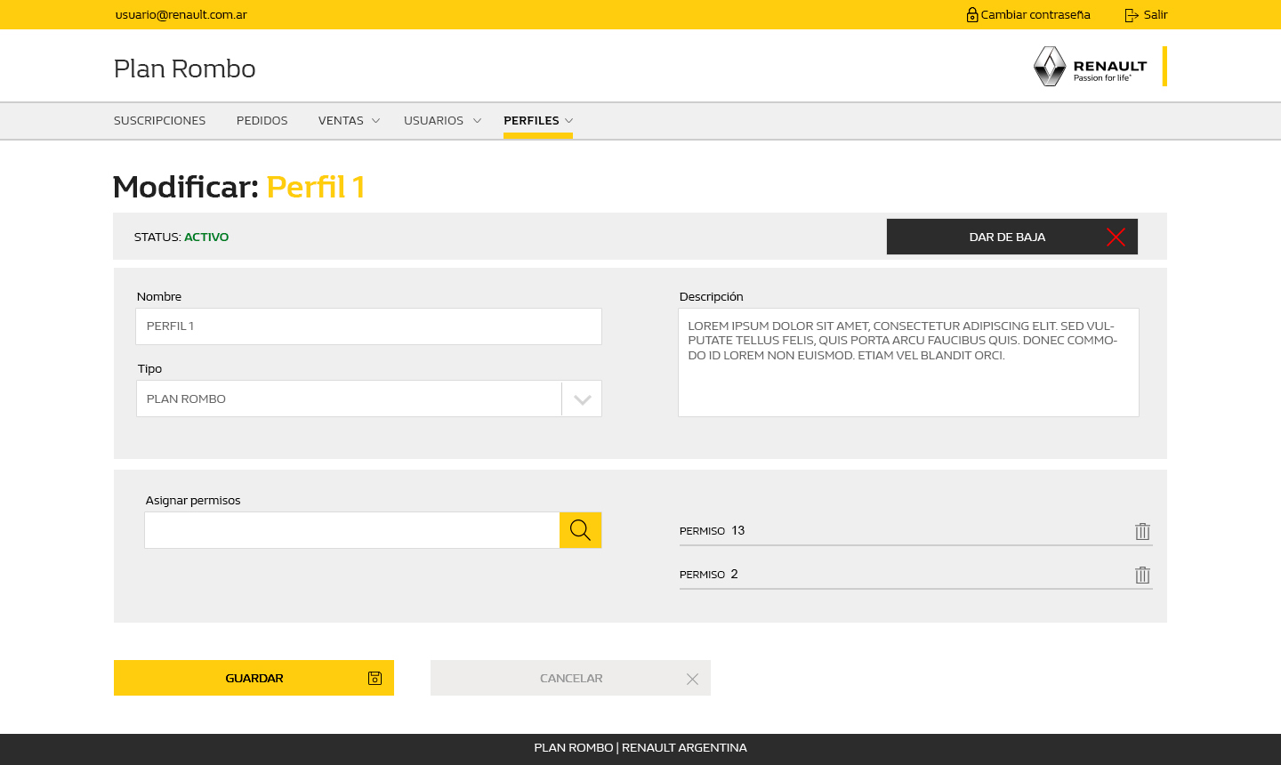 Plan Rombo desktop — profile list with multi-column filters, status indicators, and inline actions across 1,150 pages