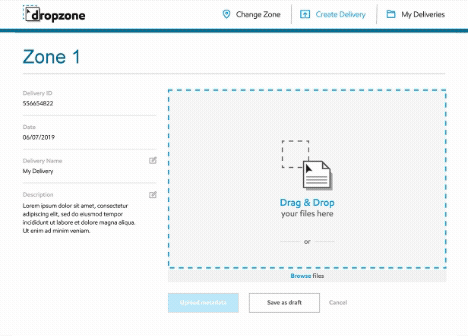 DropZone — animated upload flow showing real-time progress and individual file error tracking