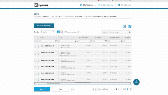 DropZone — metadata table in fullscreen mode showing all columns simultaneously