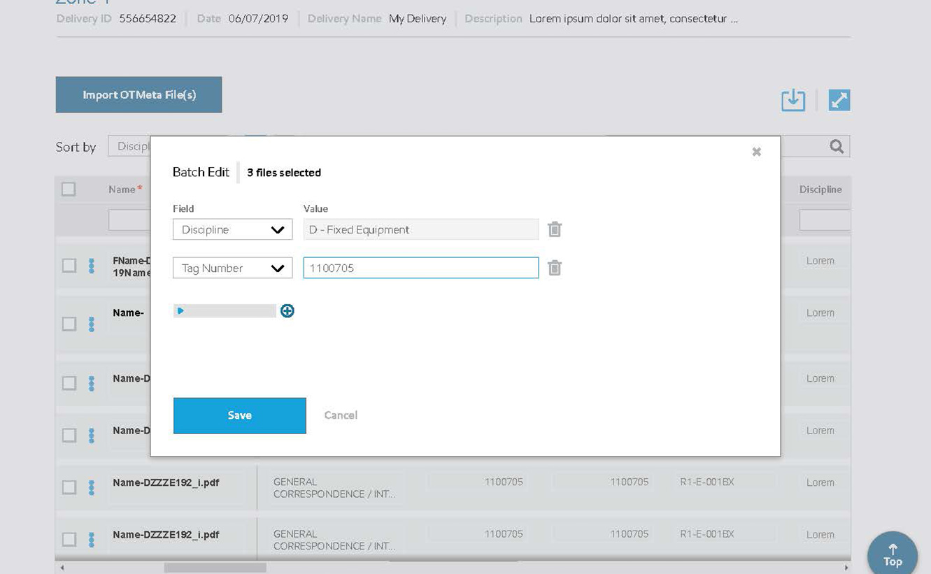 DropZone — multi-value editing modal for assigning multiple tag numbers to a single document