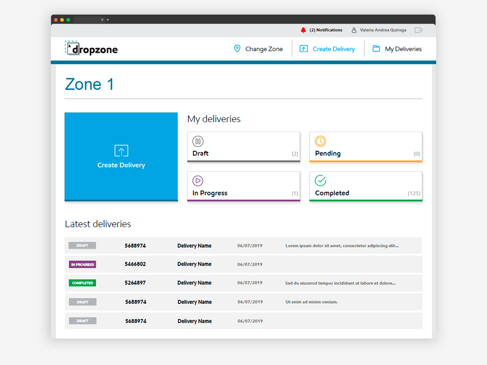 DropZone — delivery dashboard with four status states: Draft, Pending, In Progress, Completed