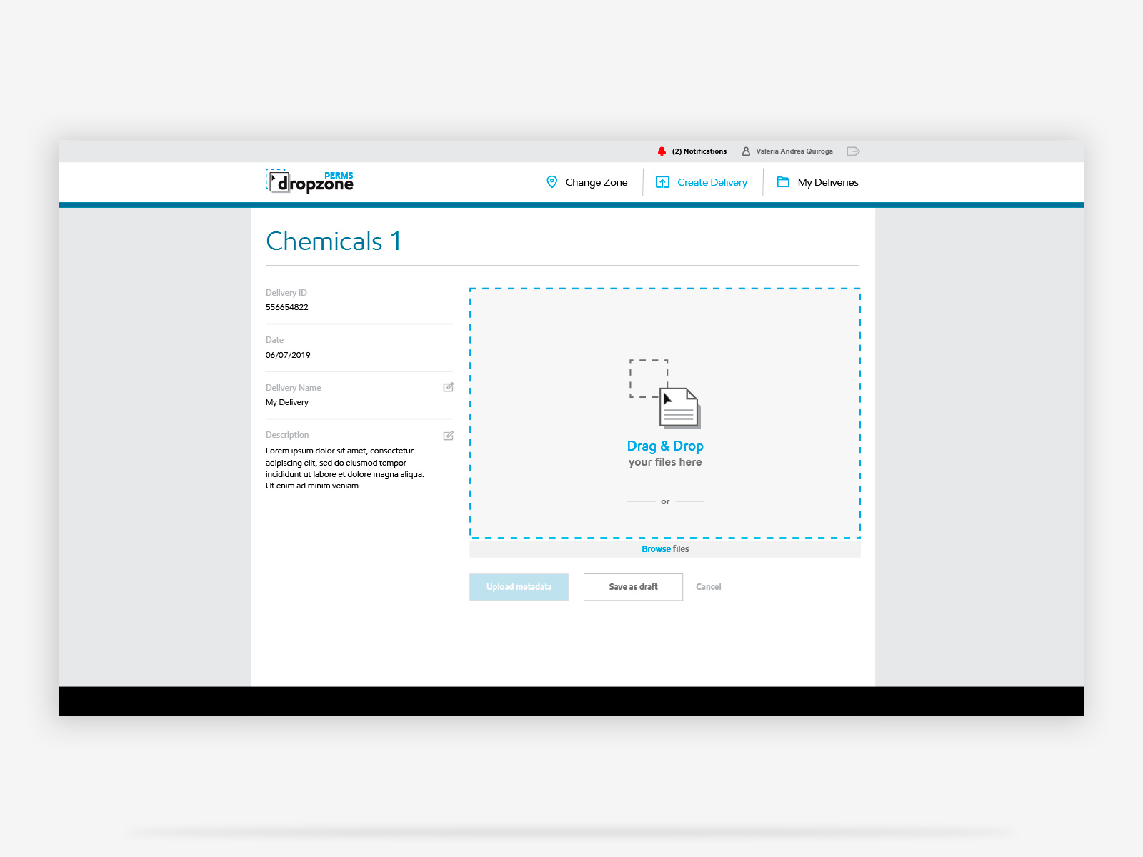 DropZone — upload screen with delivery context on the left and drag and drop area on the right