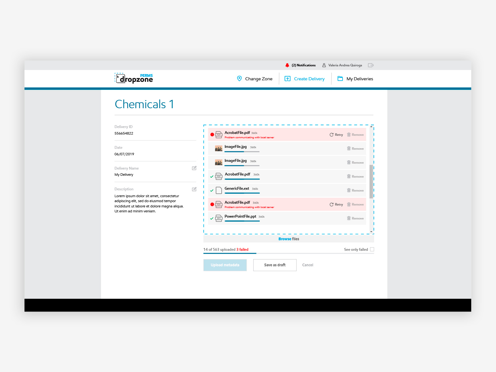 DropZone — upload in progress with per-file status, error flags, retry buttons and failed file counter