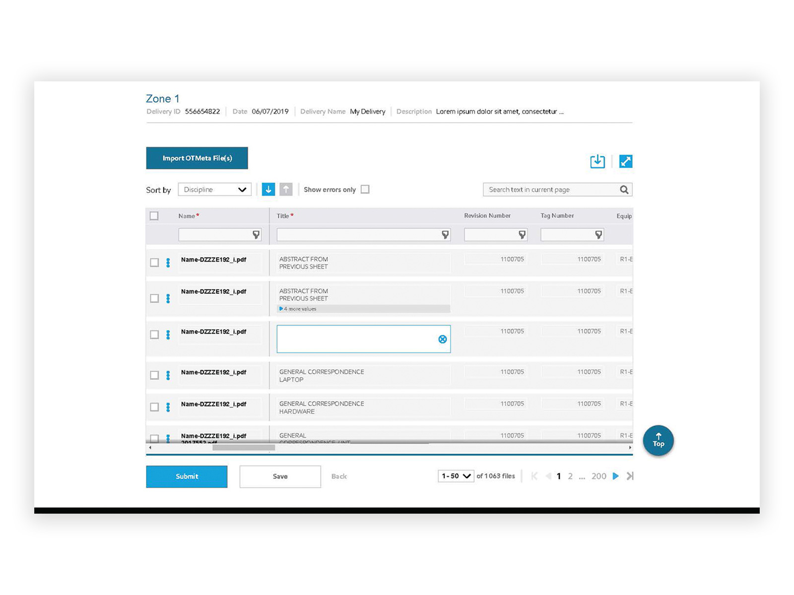 DropZone — metadata table with inline editing, column filters, sort controls and pagination