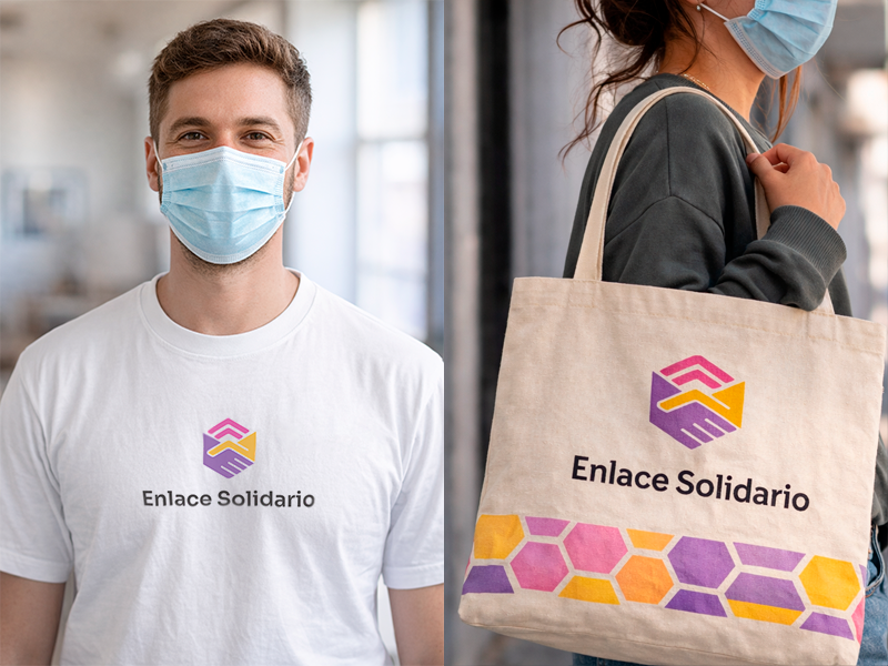 Enlace Solidario volunteer merchandise — t-shirt and tote bag mockups