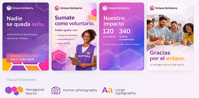 Enlace Solidario social media posts — launch, volunteer recruitment, impact, and closure