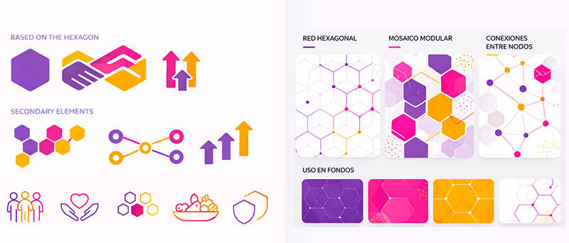 Enlace Solidario graphic system derived from the hexagon