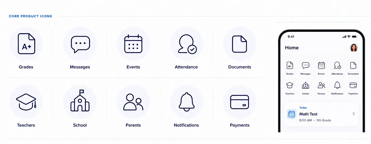 Kiru core product icons and home screen mockup showing icons in context