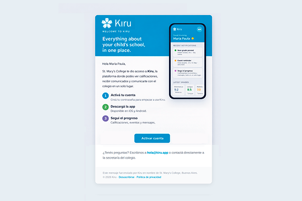 Kiru welcome email for parent onboarding