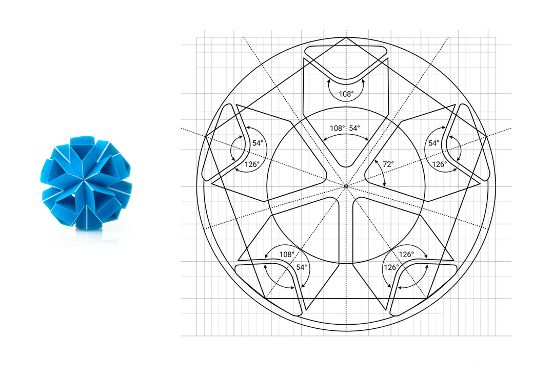 Kiru symbol construction grid showing pentagonal geometry with angle measurements