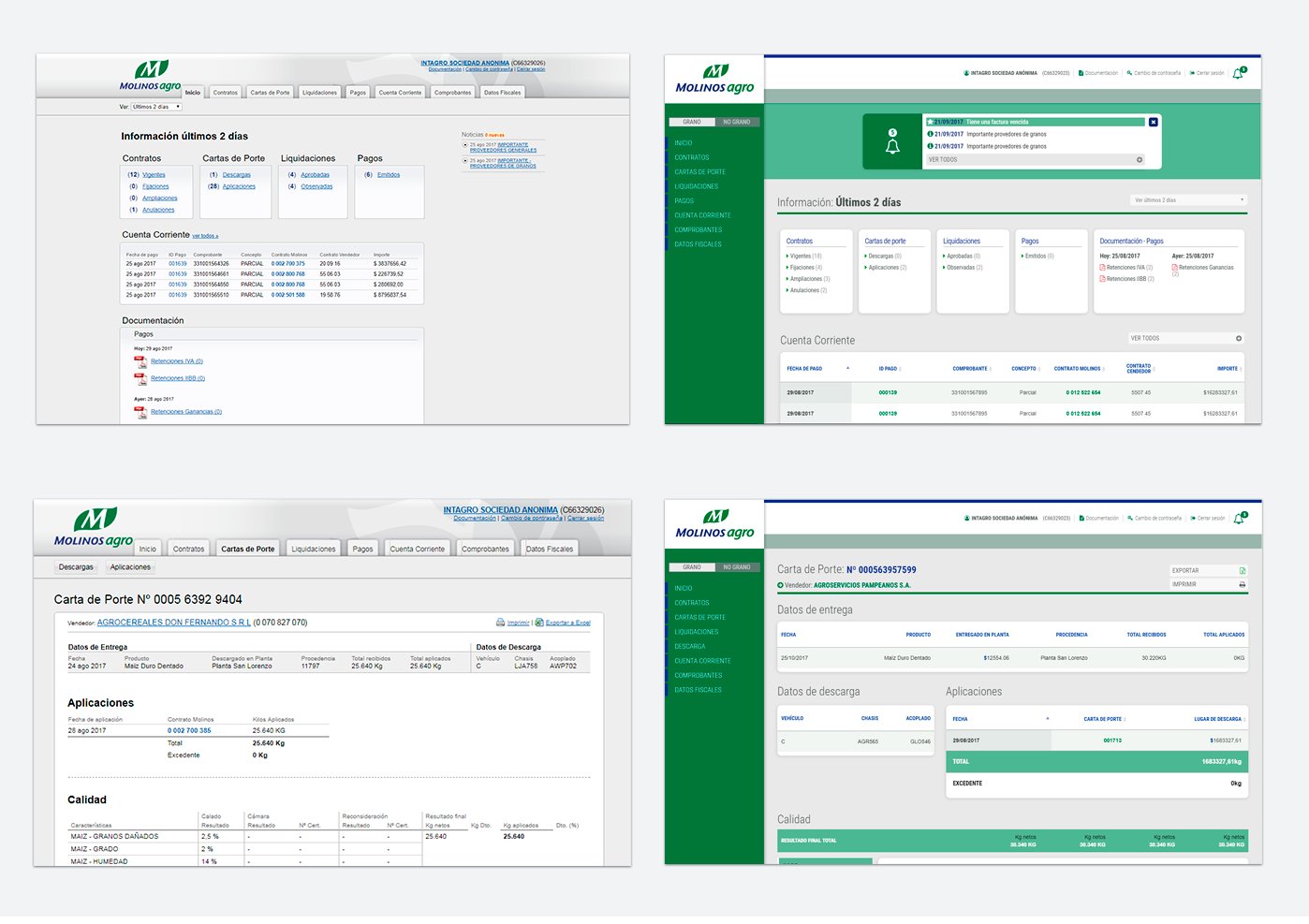 Molinos Agro before and after — homepage and grain delivery document comparison
