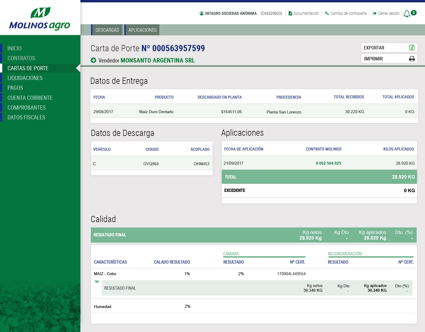 Molinos Agro grain delivery document — delivery data, discharge records, applications and grain quality