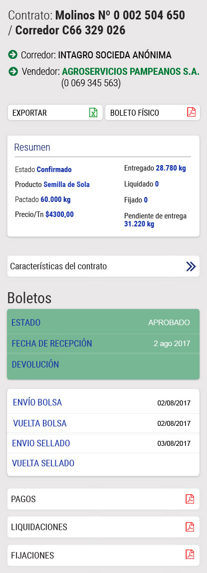 Molinos Agro contract detail — mobile with collapsible sections