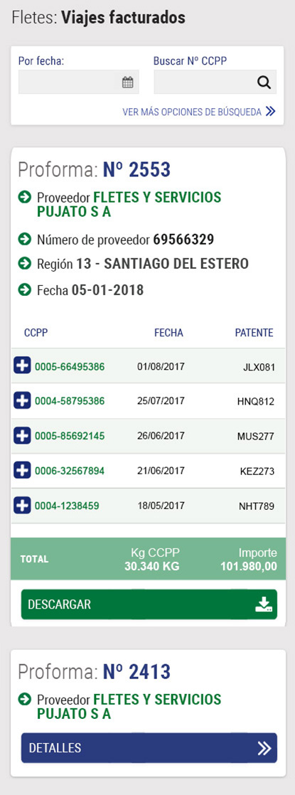 Molinos Agro Freight — mobile expanded proforma card