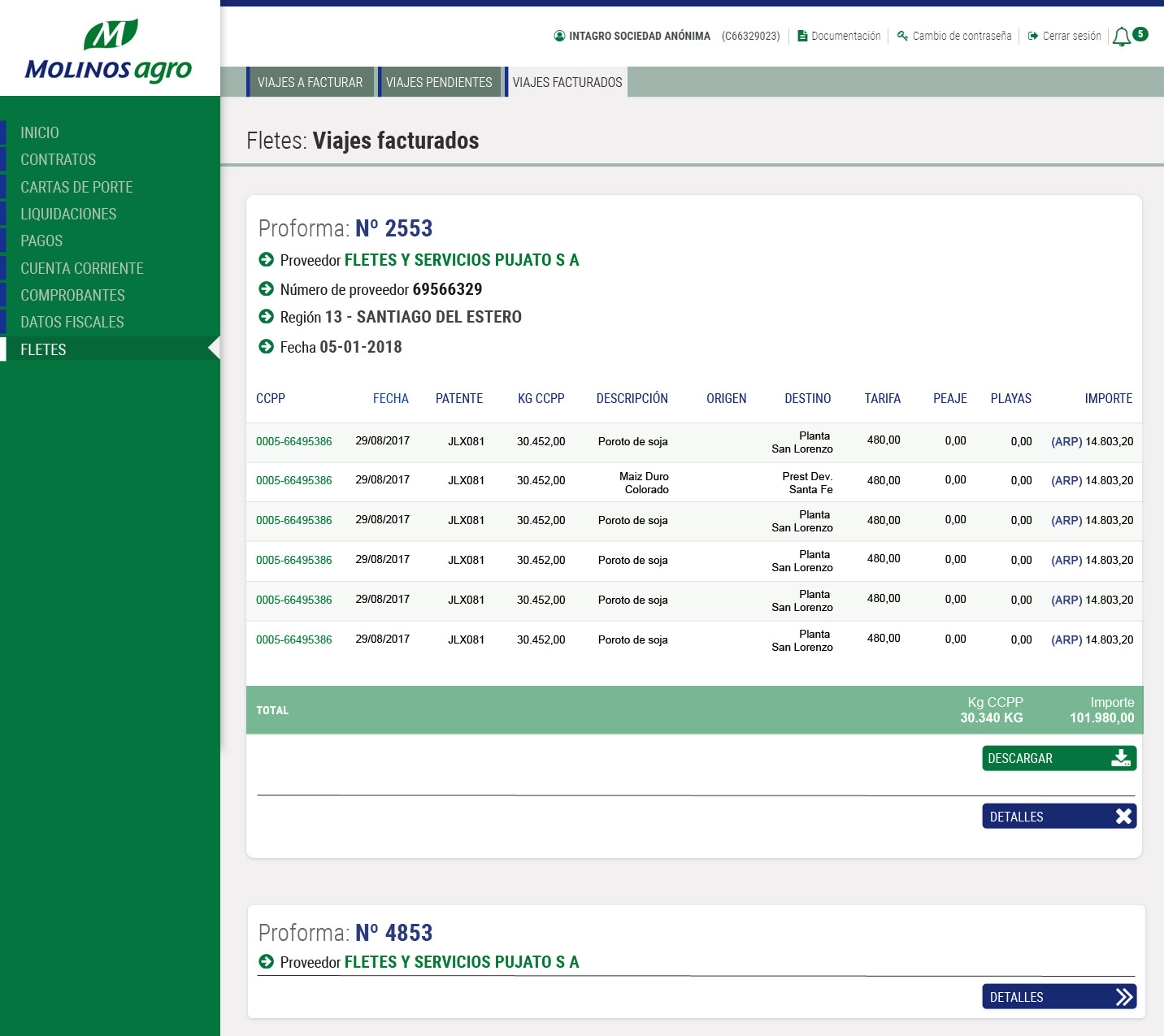 Molinos Agro Freight — expanded proforma desktop