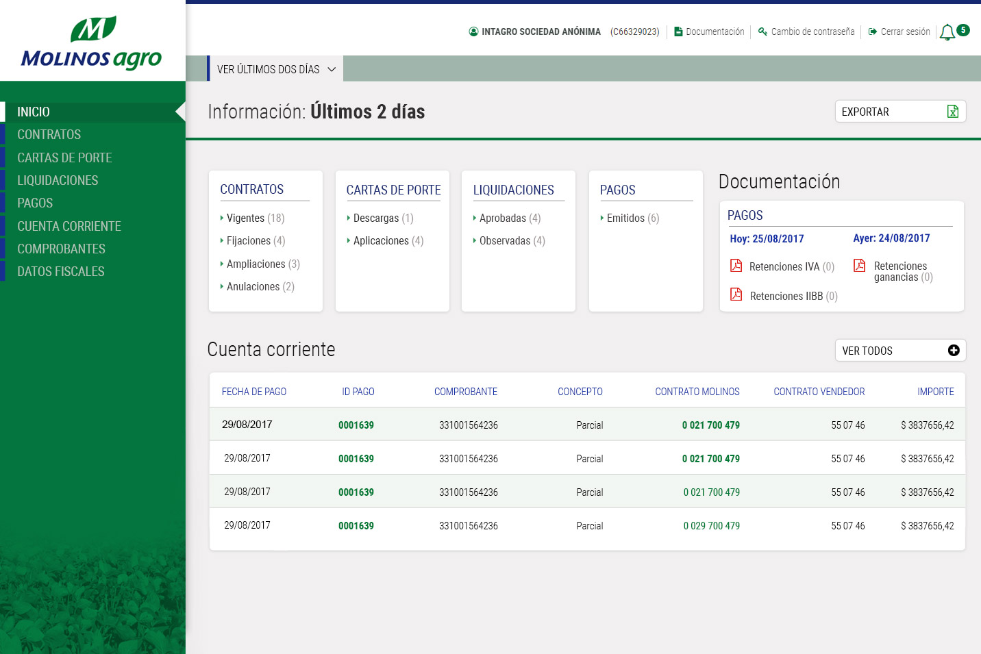 Molinos Agro homepage — desktop with sidebar navigation, module cards and current account preview