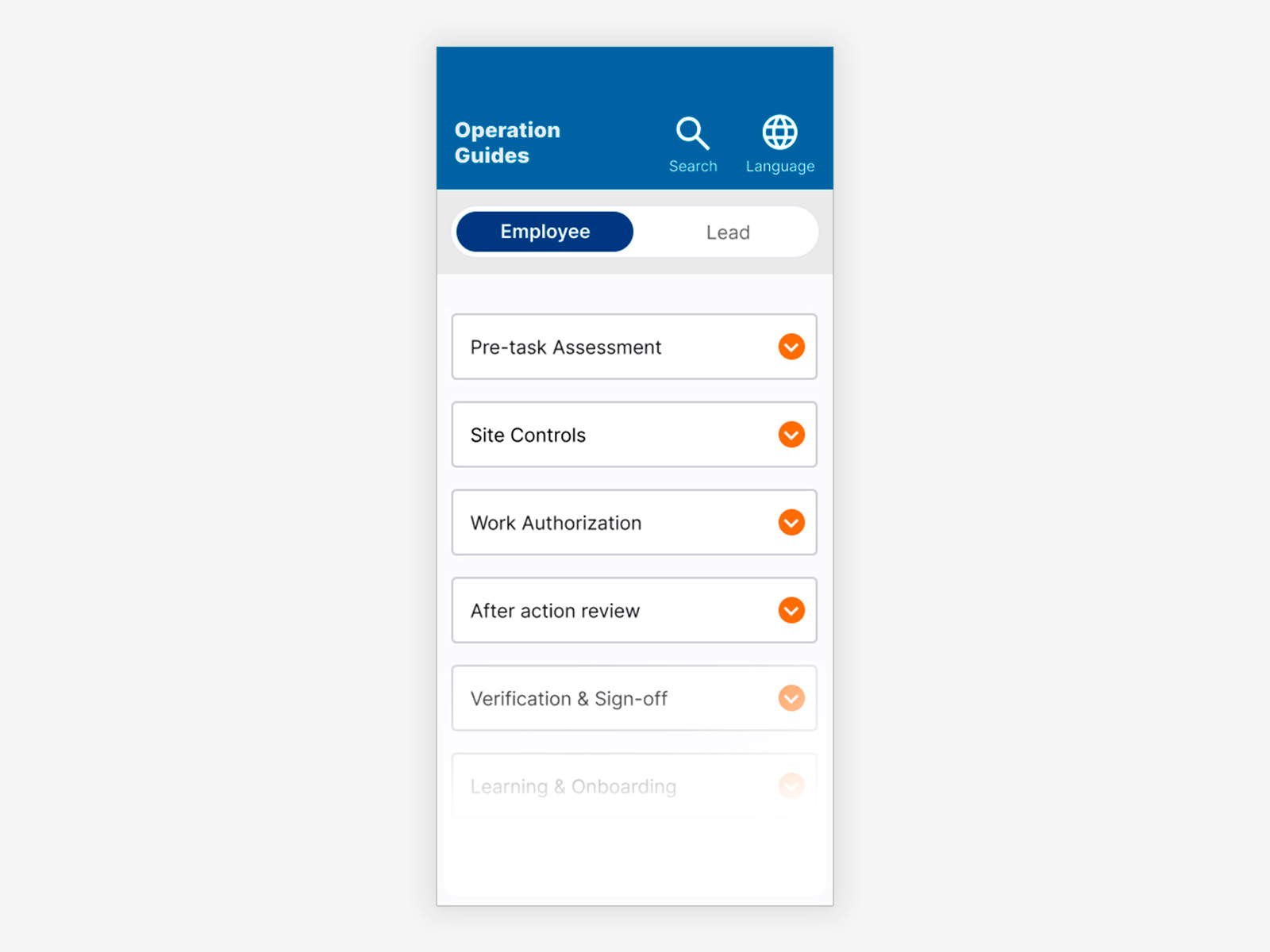 Offline App — Employee home view with 14-section navigation