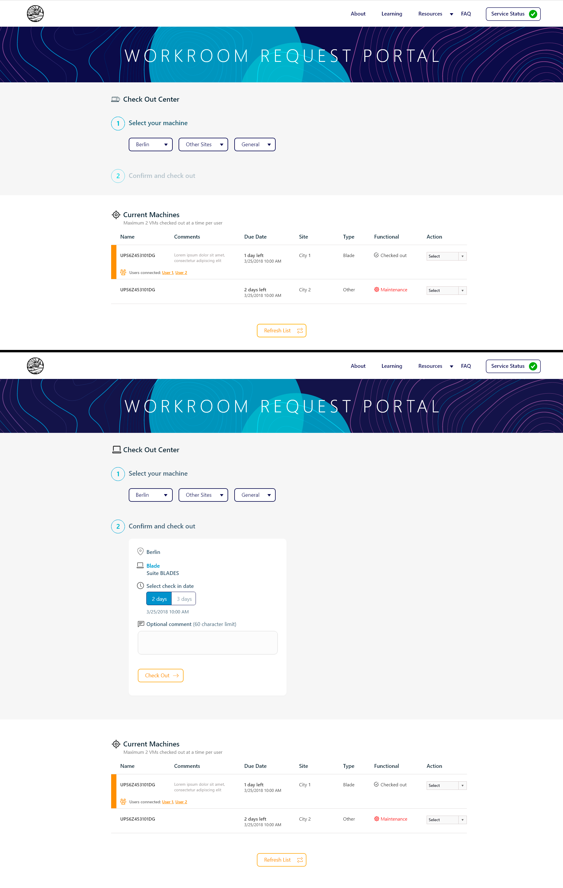 Portal de Computación Remota, flujo de checkout de máquinas en dos pasos con filtros de ubicación y card de confirmación