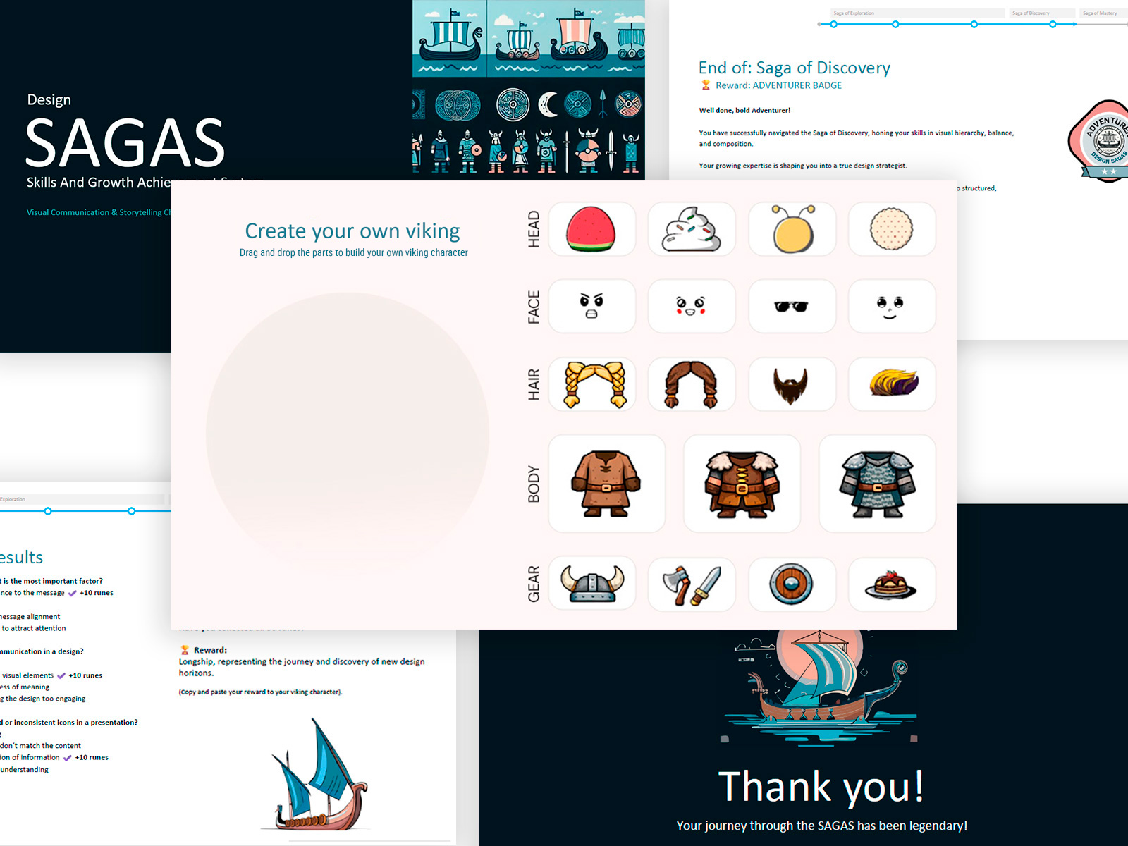 Design SAGAS visual system — Viking iconography, customizable character, themed rewards, and storytelling slides