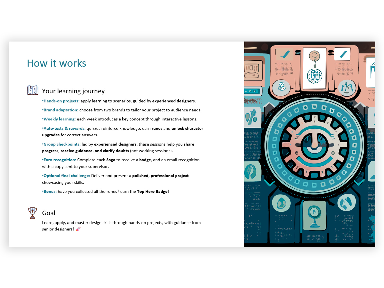 Design SAGAS onboarding slide — how the program works for participants